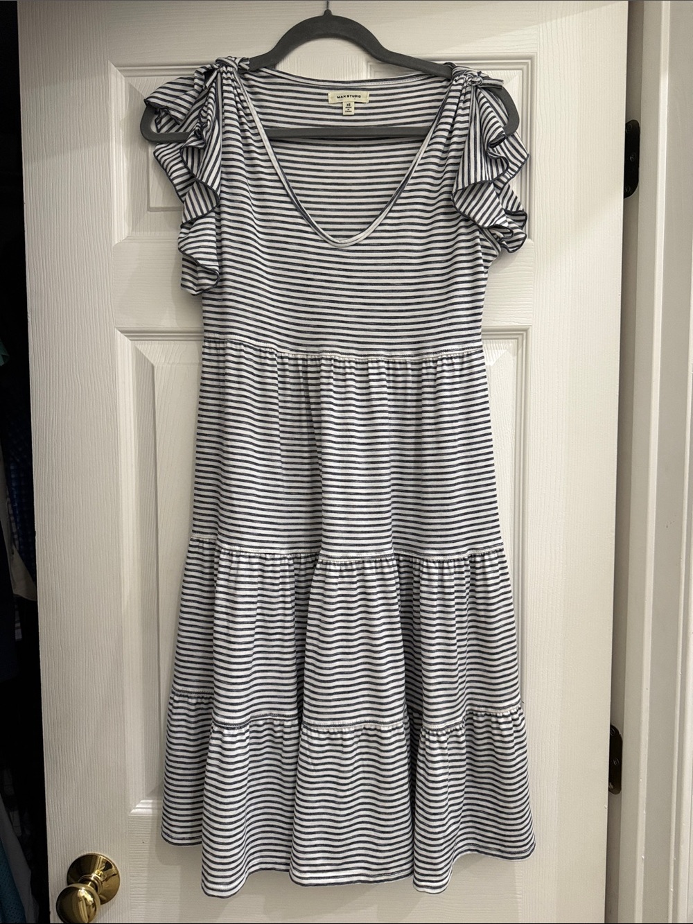 Striped Ruffle Sleeve Tiered Midi Dress - Navy & White Striped